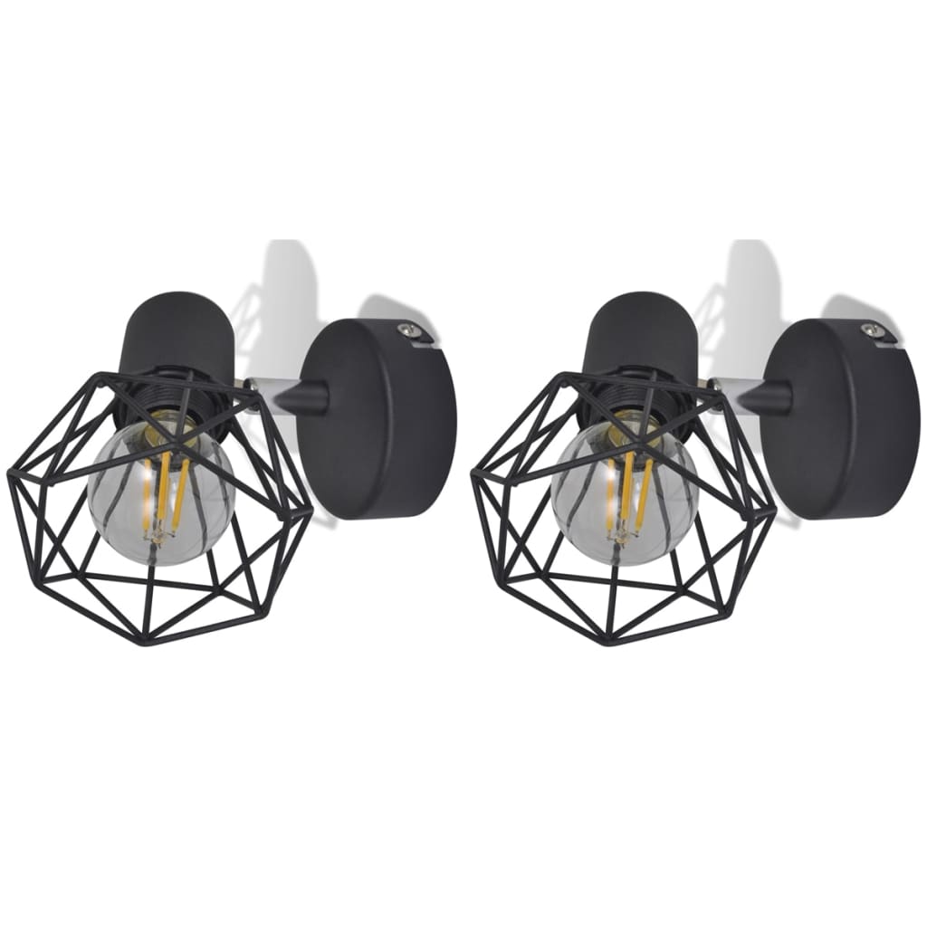 Set 2 Applique con Rete in Stile Industriale Nero Lampadina LED
