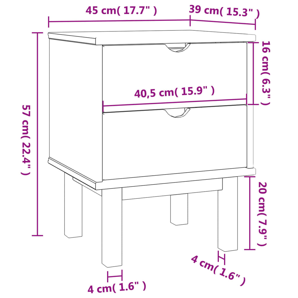 Comodino OTTA 45x39x57 cm in Legno Massello di Pino