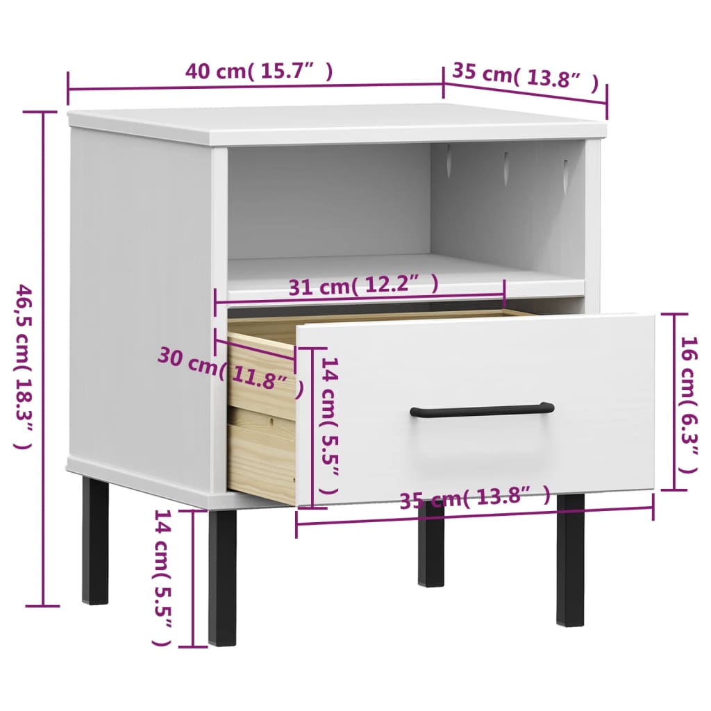 Comodino con Gambe in Metallo Bianco Legno Massello Pino OSLO