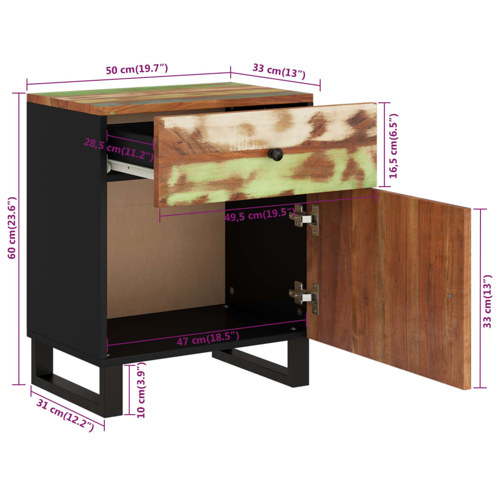 Comodino 50x33x60cm Legno Massello Recupero e Legno Multistrato