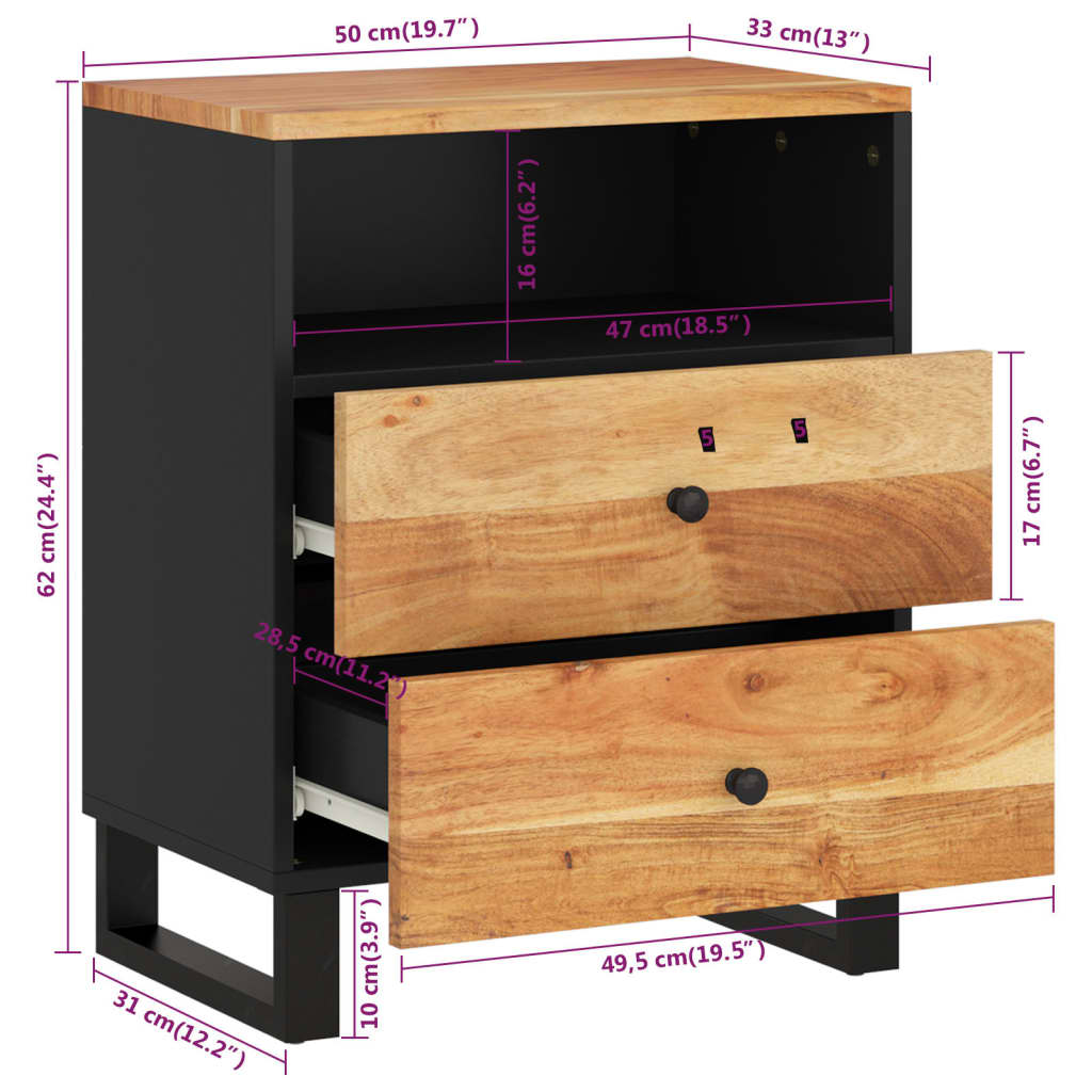 Comodino 50x33x62 cm Legno Massello Acacia e Legno Multistrato