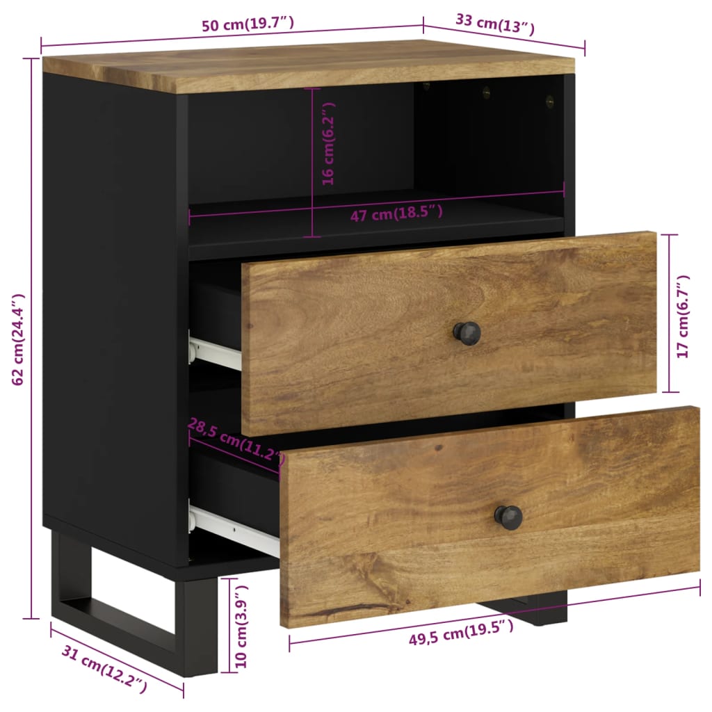Comodino 50x33x62cm Legno Massello di Mango e Legno Multistrato