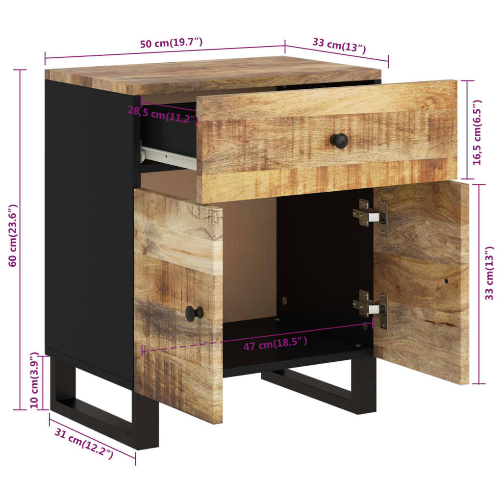 Comodino 50x33x60cm Legno Massello di Mango e Legno Multistrato