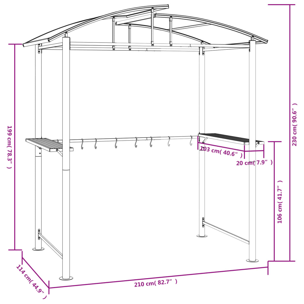 Gazebo Barbecue Ripiani Laterali Antracite 210x114x230 Acciaio