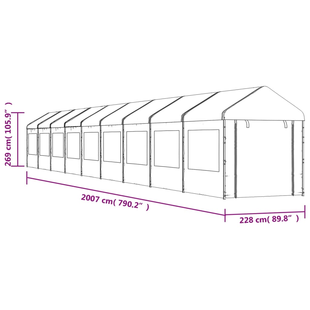Gazebo con Tetto Bianco 20,07x2,28x2,69 m in Polietilene