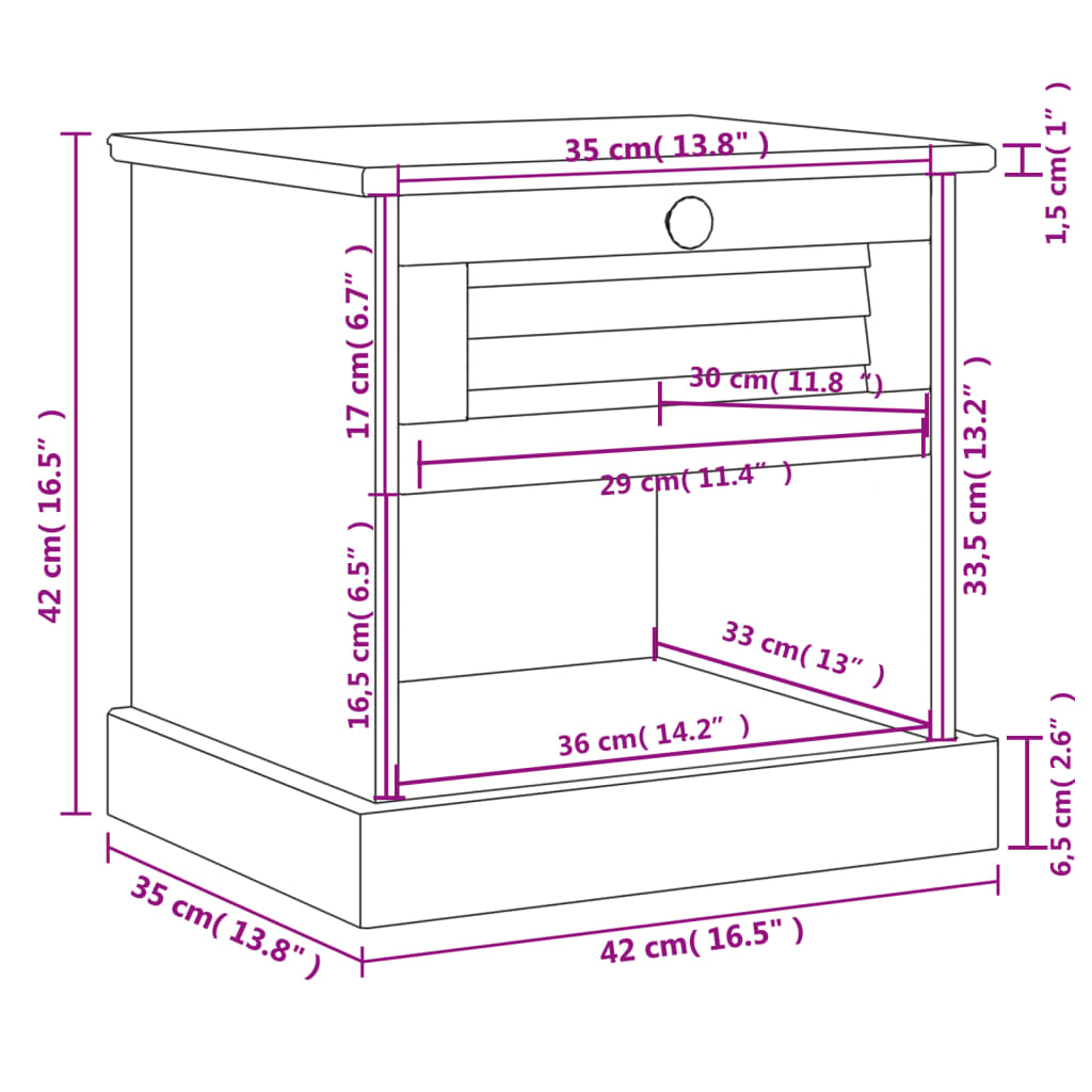 Comodino VIGO Bianco 42x35x42 cm in Legno Massello di Pino