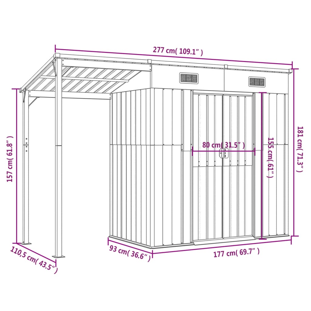 Capanno Giardino Tetto Esteso Antracite 277x110,5x181cm Acciaio