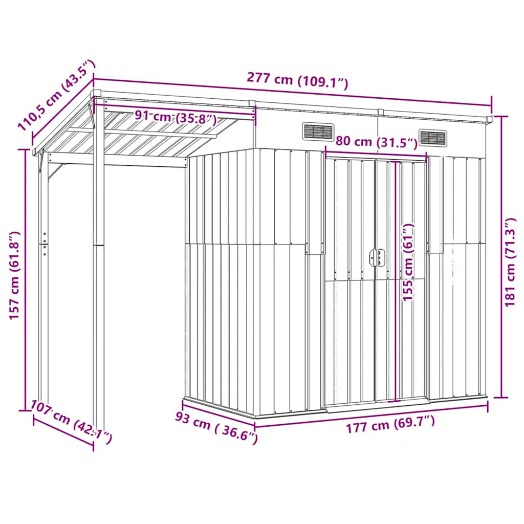 Capannone Tetto Esteso Marrone Chiaro 277x110,5x181cm Acciaio