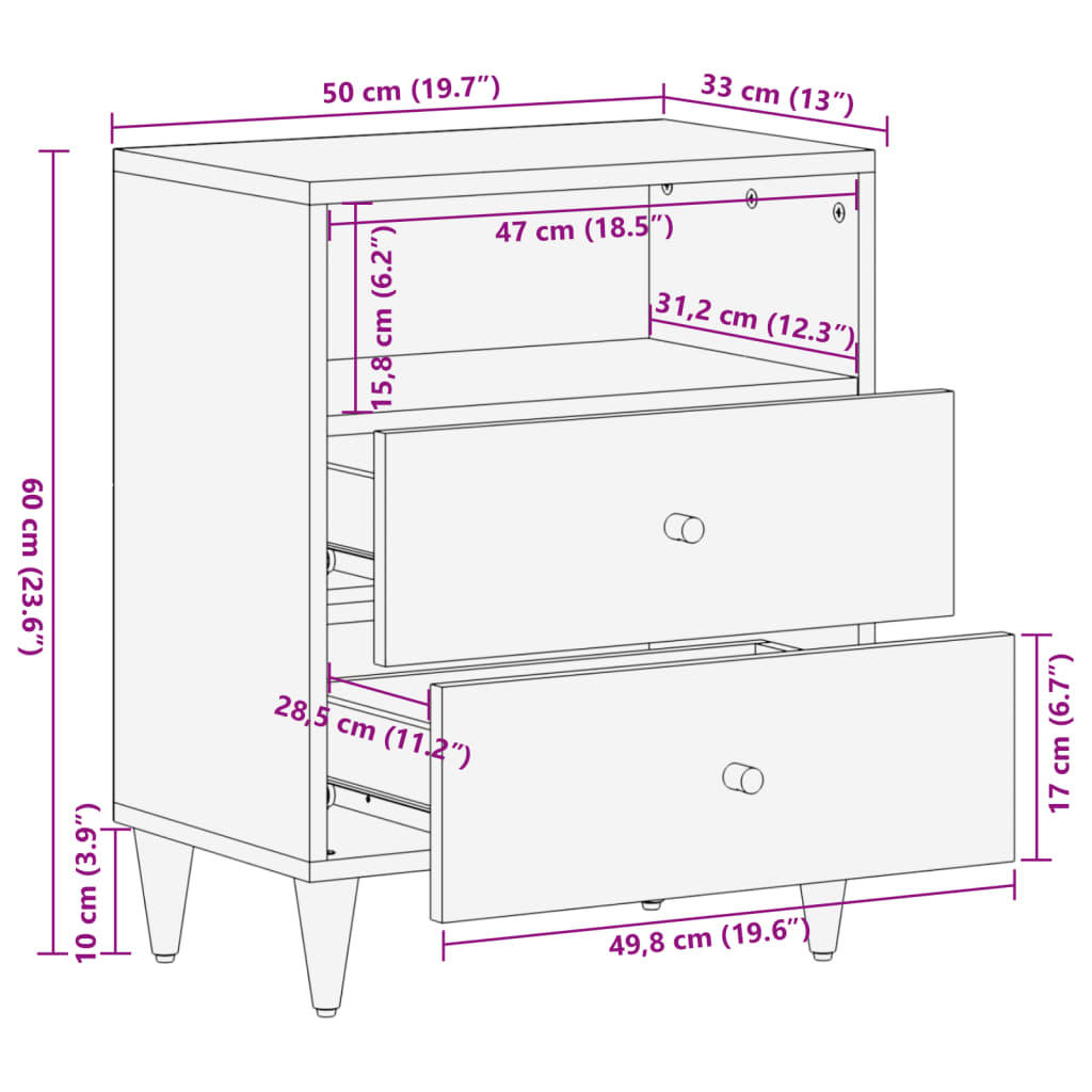Comodino 50x33x60 cm in Legno Massello di Mango