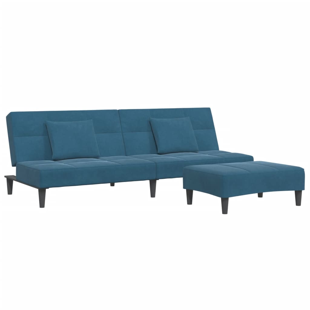 Divano Letto 2 Posti con Poggiapiedi Blu in Velluto