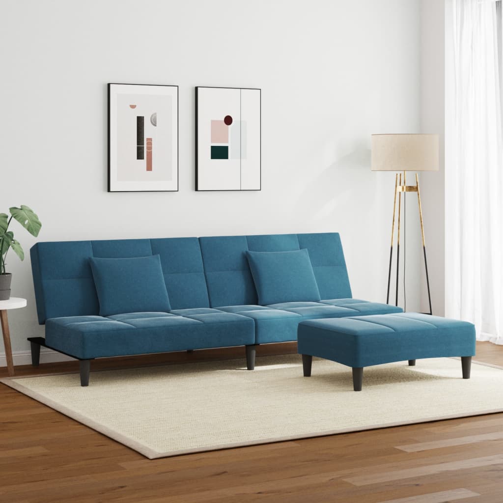 Divano Letto 2 Posti con Poggiapiedi Blu in Velluto
