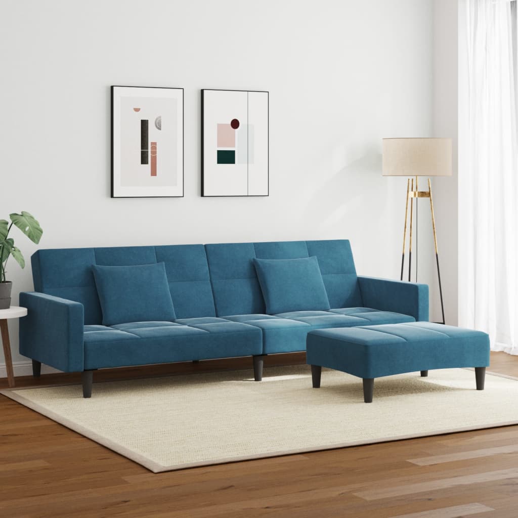 Divano Letto 2 Posti con Poggiapiedi Blu in Velluto