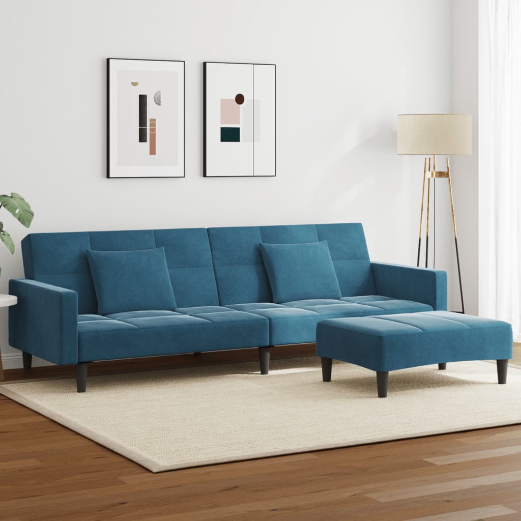 Divano Letto 2 Posti con Poggiapiedi Blu in Velluto