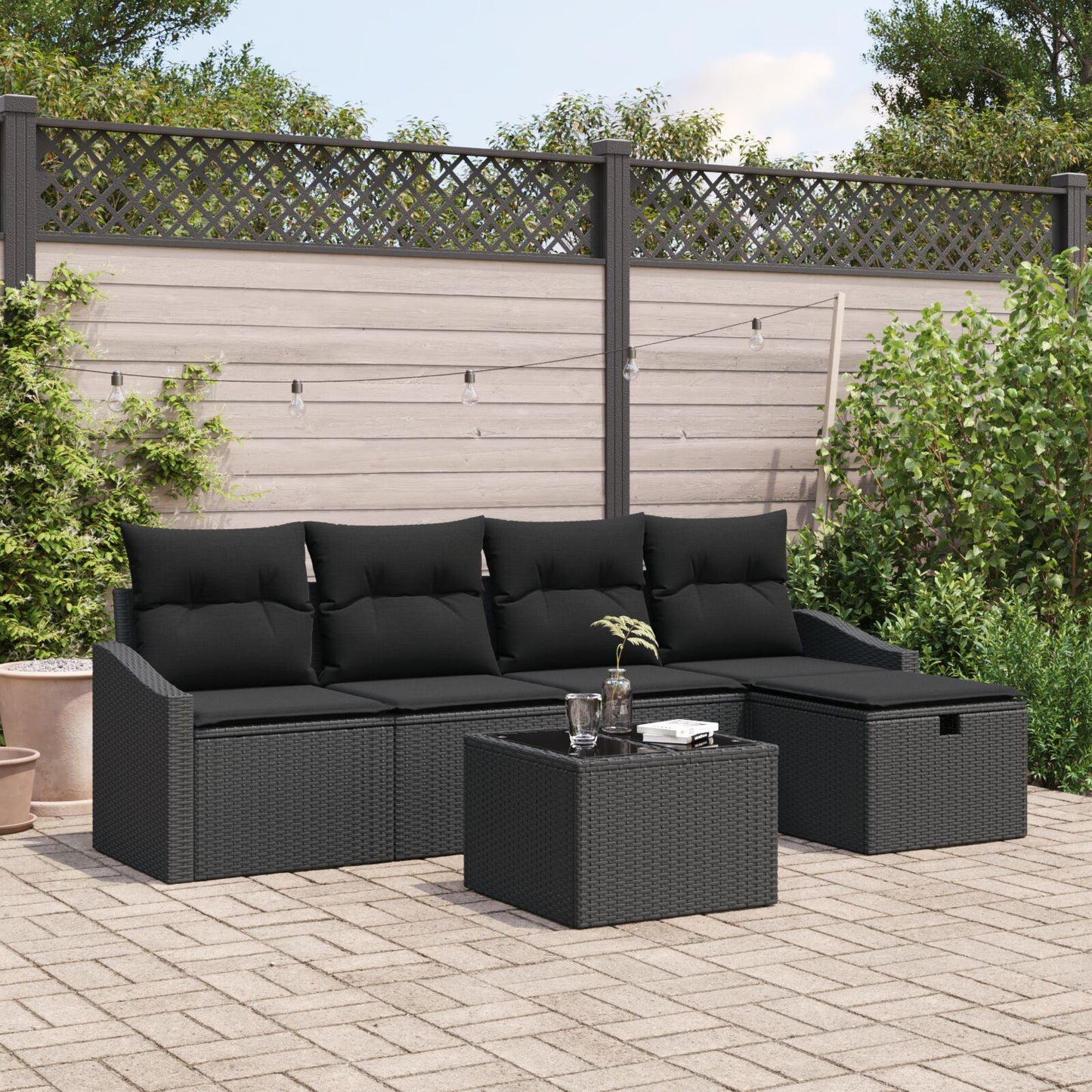 Set Divano Giardino da 6 Pezzi con Cuscini in Polyrattan Nero