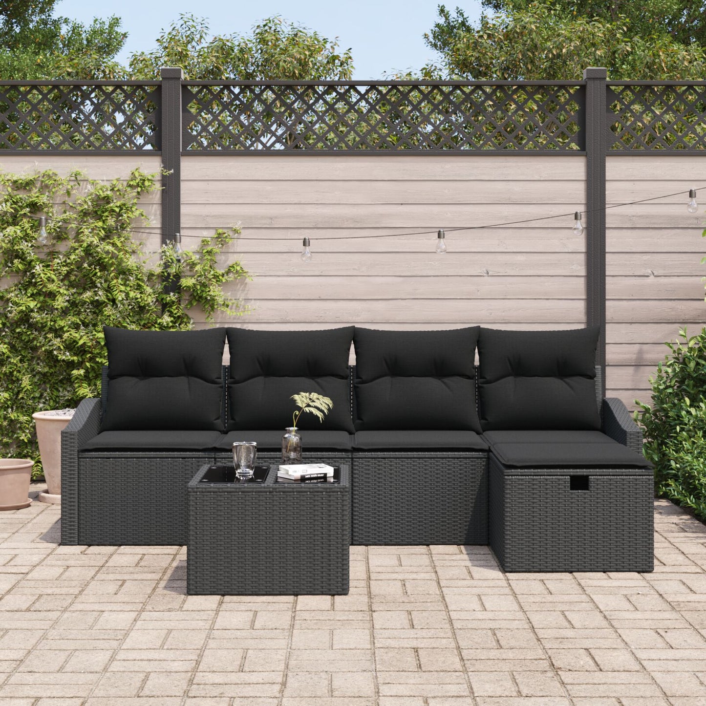 Set Divano Giardino da 6 Pezzi con Cuscini in Polyrattan Nero
