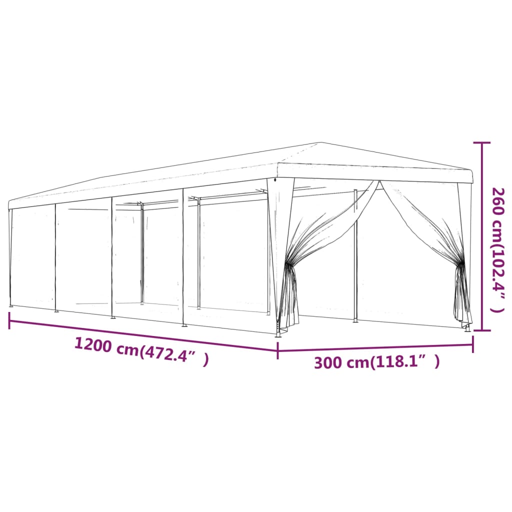 Tenda per Feste con 10 Pareti Laterali in Rete Verde 3x12m HDPE