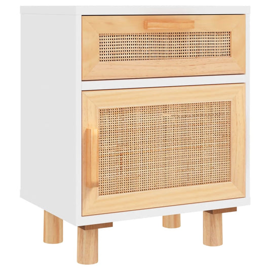 Comodino Bianco in Legno Massello di Pino e Rattan Naturale