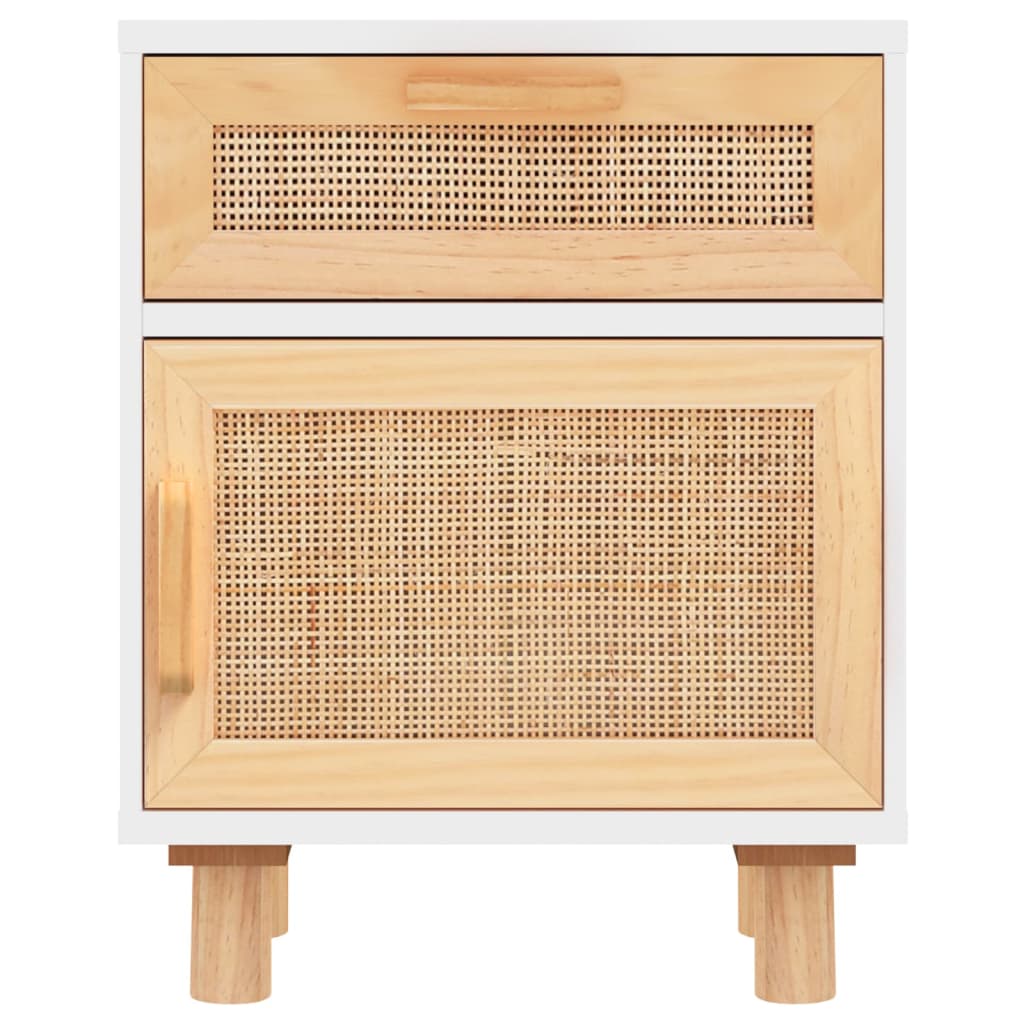 Comodino Bianco in Legno Massello di Pino e Rattan Naturale