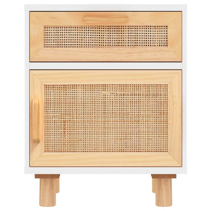 Comodino Bianco in Legno Massello di Pino e Rattan Naturale