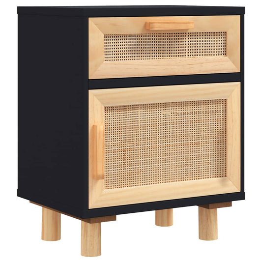 Comodino Nero in Legno Massello di Pino e Rattan Naturale