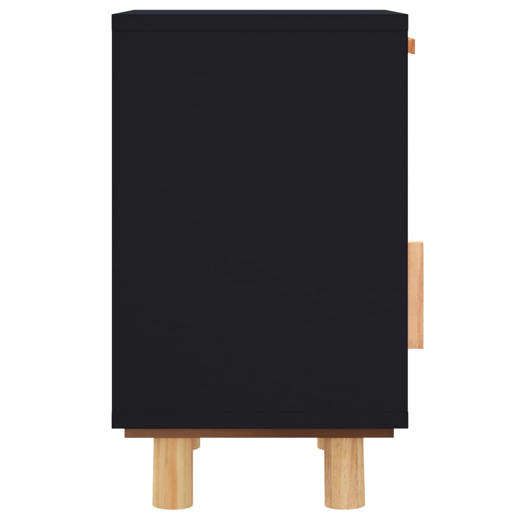 Comodino Nero in Legno Massello di Pino e Rattan Naturale