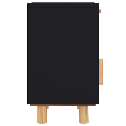 Comodino Nero in Legno Massello di Pino e Rattan Naturale