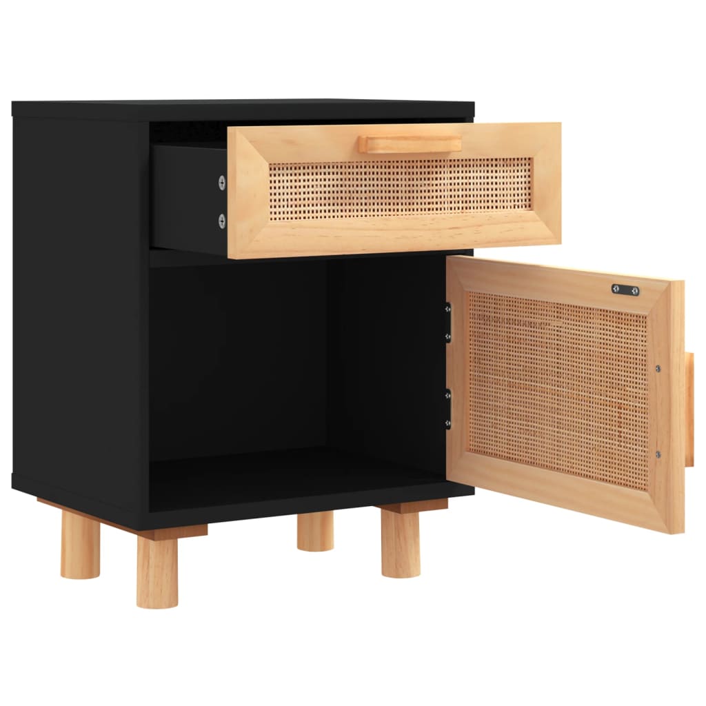Comodini 2 pz Neri in Legno Massello di Pino e Rattan Naturale