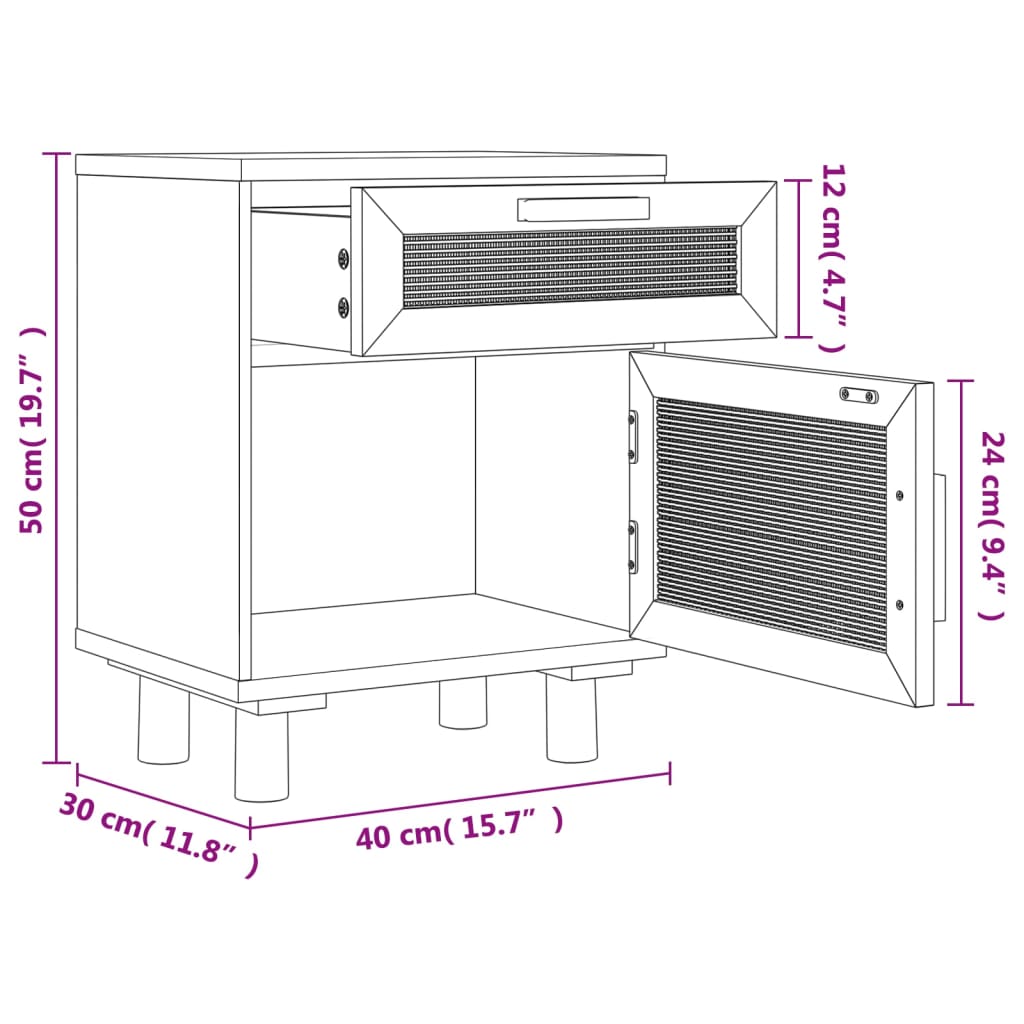 Comodini 2 pz Neri in Legno Massello di Pino e Rattan Naturale