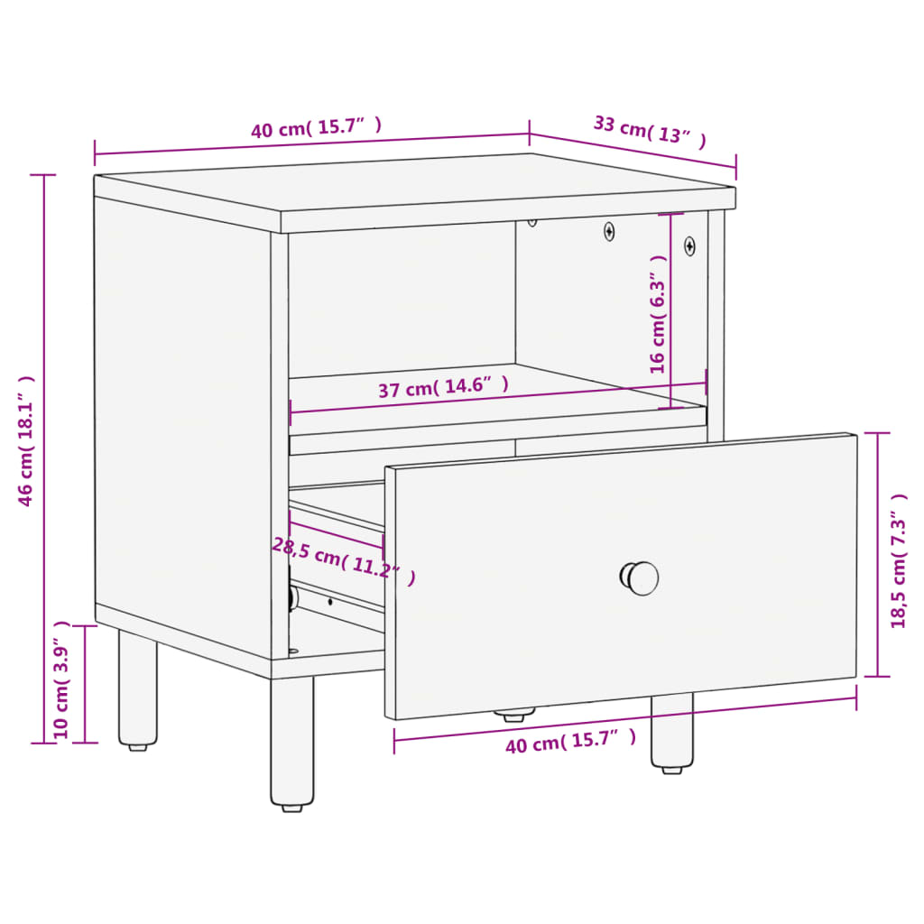 Comodini 2pz Neri 40x33x46 cm in Legno Massello di Mango