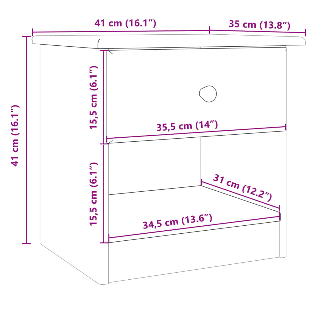 Comodino ALTA 41x35x41 cm in Legno Massello di Pino