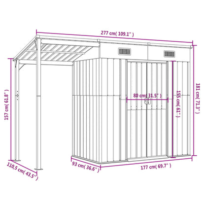 Capanno Giardino Tetto Esteso Marrone 277x110,5x181cm Acciaio