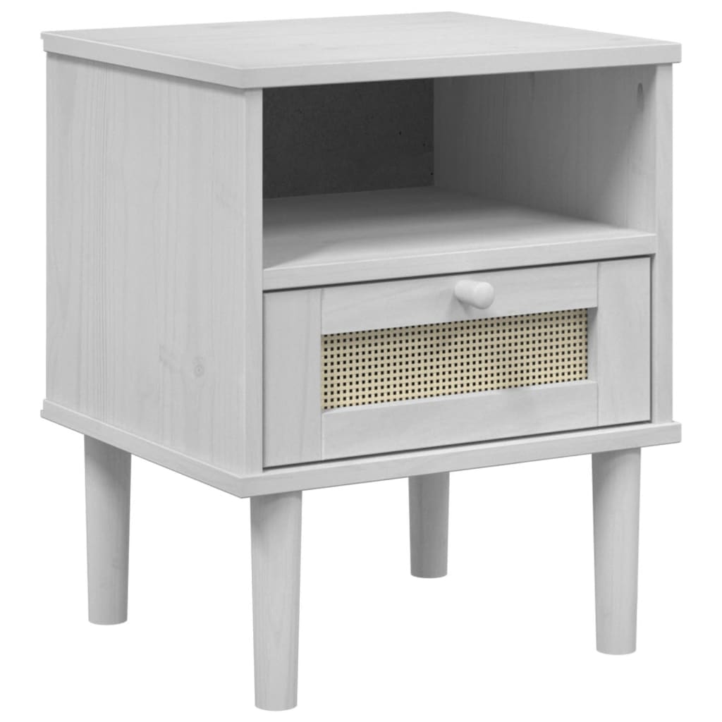 Comodino SENJA Bianco Aspetto Rattan 40x35x48 cm in Legno Pino