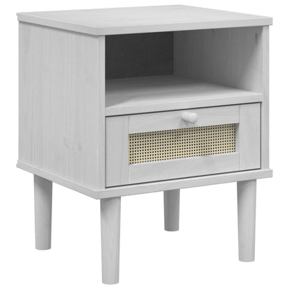 Comodino SENJA Bianco Aspetto Rattan 40x35x48 cm in Legno Pino