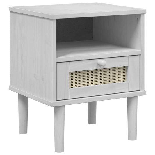 Comodino SENJA Bianco Aspetto Rattan 40x35x48 cm in Legno Pino