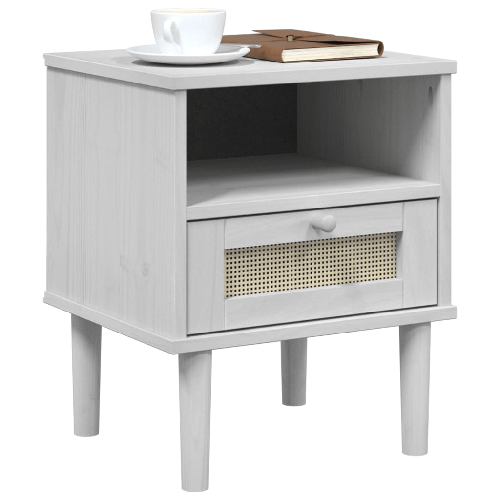 Comodino SENJA Bianco Aspetto Rattan 40x35x48 cm in Legno Pino