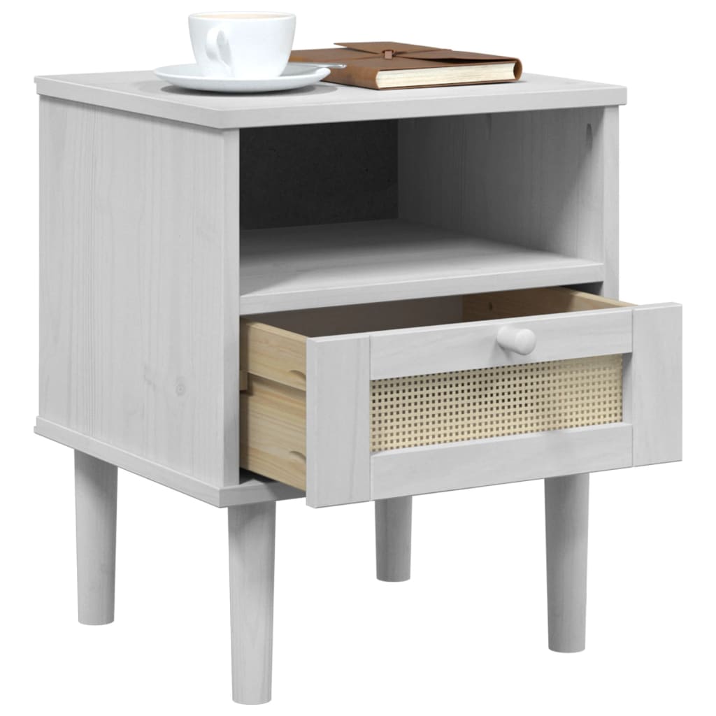Comodino SENJA Bianco Aspetto Rattan 40x35x48 cm in Legno Pino
