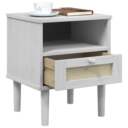 Comodino SENJA Bianco Aspetto Rattan 40x35x48 cm in Legno Pino