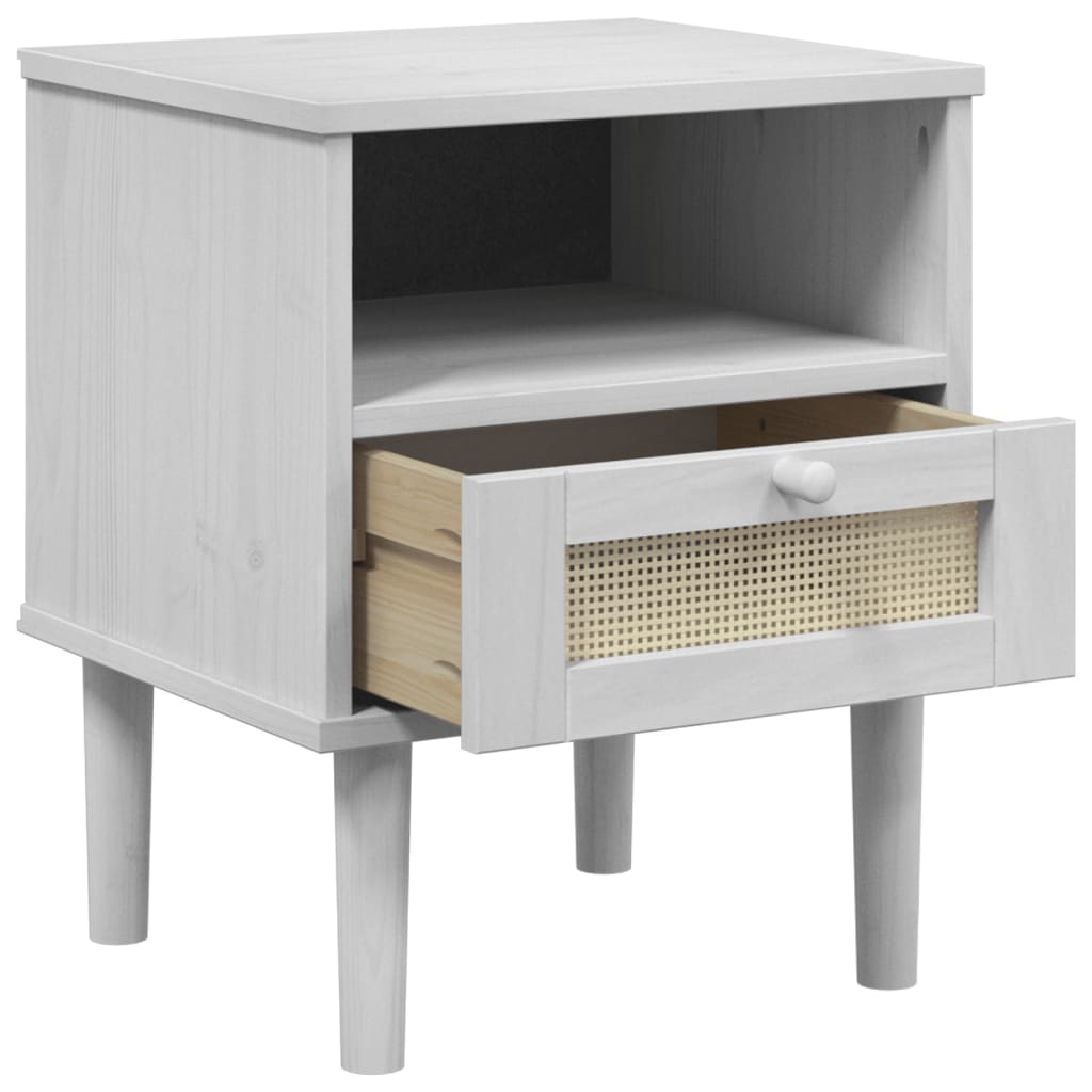 Comodino SENJA Bianco Aspetto Rattan 40x35x48 cm in Legno Pino