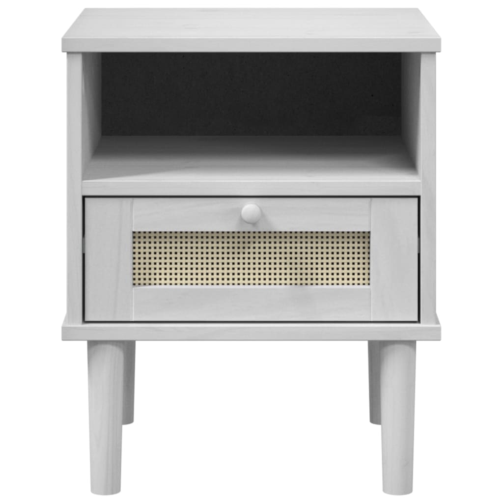 Comodino SENJA Bianco Aspetto Rattan 40x35x48 cm in Legno Pino