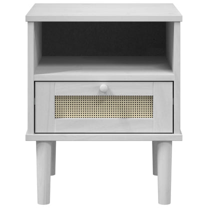 Comodino SENJA Bianco Aspetto Rattan 40x35x48 cm in Legno Pino