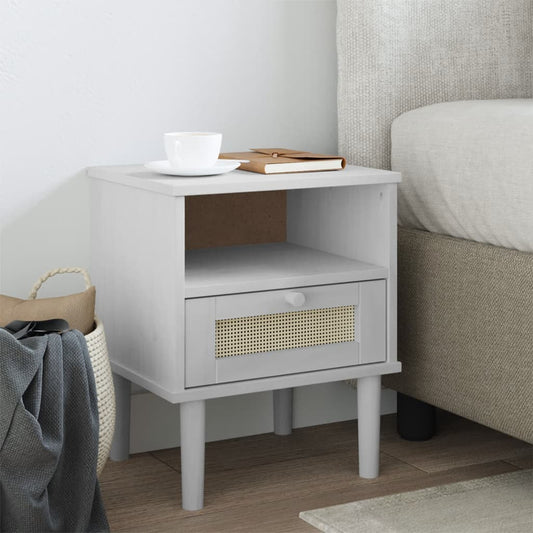 Comodino SENJA Bianco Aspetto Rattan 40x35x48 cm in Legno Pino