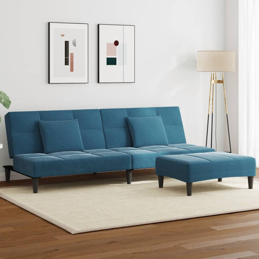 Divano Letto 2 Posti con Poggiapiedi Blu in Velluto