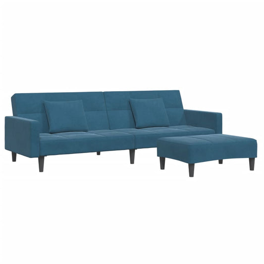 Divano Letto 2 Posti con Poggiapiedi Blu in Velluto
