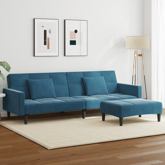 Divano Letto 2 Posti con Poggiapiedi Blu in Velluto