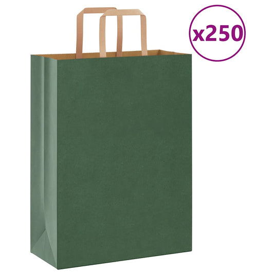 Sacchetti di Carta 250 pz con Manici Verdi 26x12x35 cm