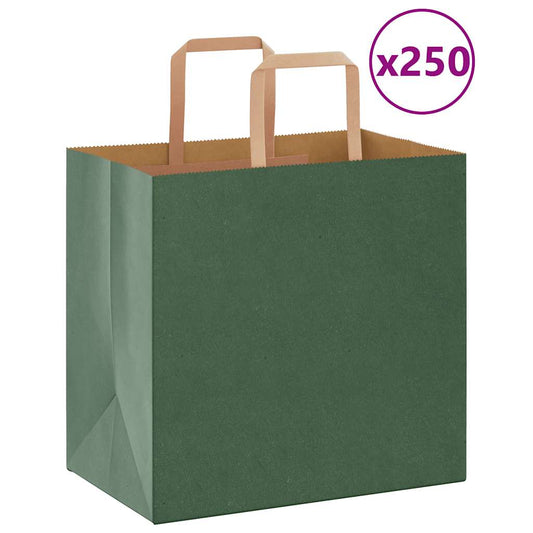 Sacchetti di Carta 250 pz con Manici Verdi 26x17x25 cm