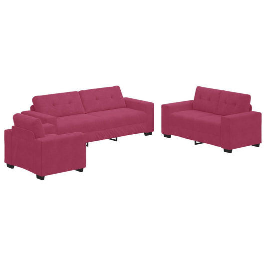 Set Divano 3 Pezzi con Cuscini Velluto Rosso Vino